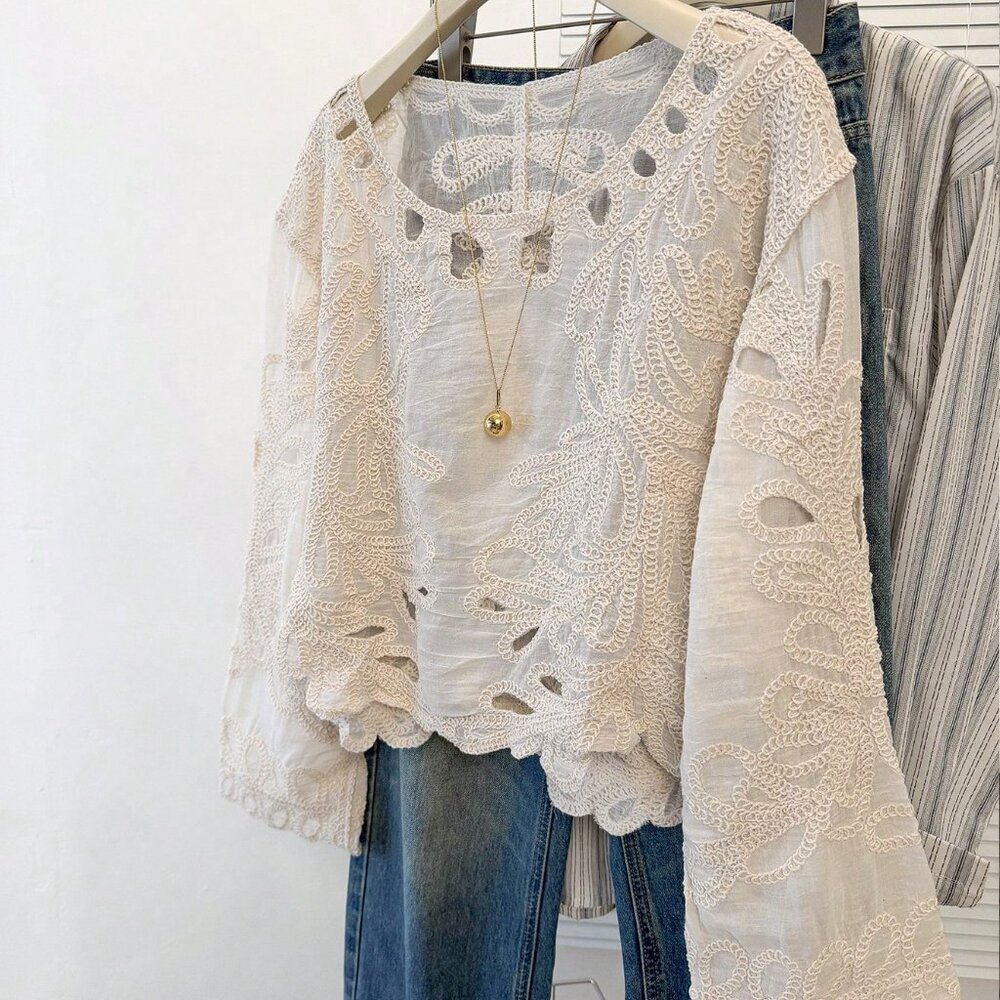 Apricot Boho Casual Women's Long Sleeve Lace Blouse - Picture 3 of 8
